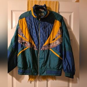 Vintage 1990s Colorblock Windbreaker Jacket - Teal, Blue & Yellow Sz XL